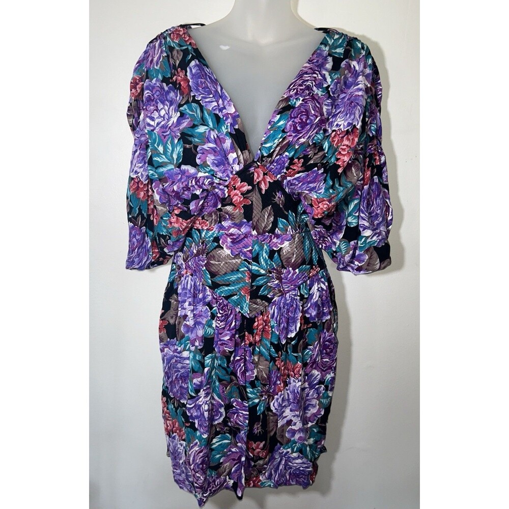 VTG 80s Barboglio Floral Midi Dress Plunging V Neck Dolman Sleeve Whimsigoth XS
